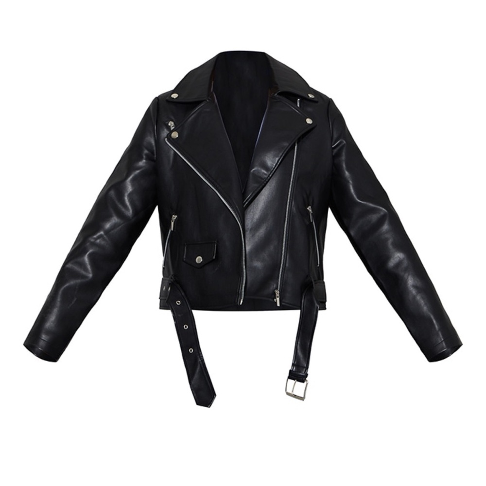 Black Faux Leather Regular Fit Belted Biker Jacket